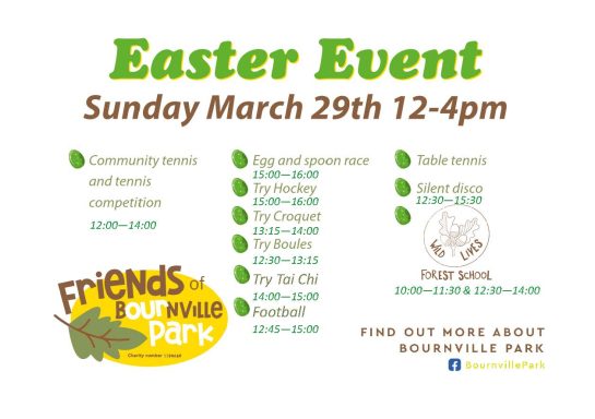 Easter event details at Friends of our Private Park, March 29th, 12-4 PM.
