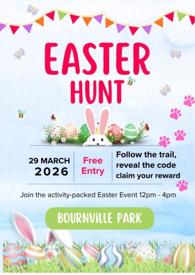 Easter Hunt event poster with date, location, activities, and festive decorations.